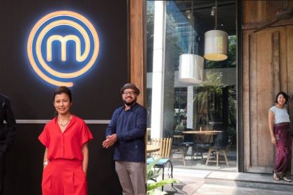 Collage of MasterChef Singapore Season 2 judges and woman standing in front of large wooden cafe doors
