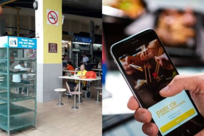 Collage of tray return point and cashless payment at hawker centre