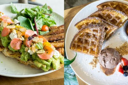 Collage of Avocado & Ricotta Tartine and Buttermilk Waffle & Ice Cream