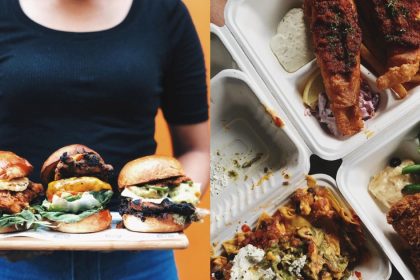 Collage of lady holding tray of burgers and food flatlay