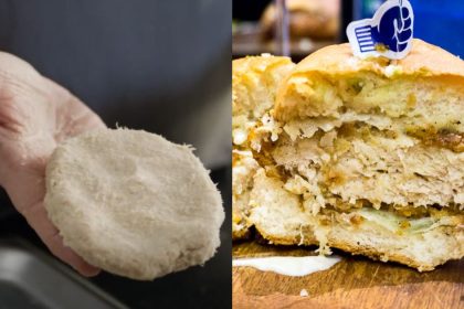 Collage of raw TiNDLE patty and side profile shot of The Big Cease TiNDLE burger