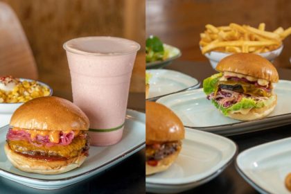 Collage of Tiga Roti burgers, milkshake, and sides