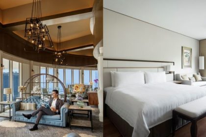 Collage of man sitting in Pan Pacific Club Lounge and Shangri-La Singapore room