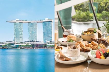 Collage of Marina Bay Sands hotel and food offerings