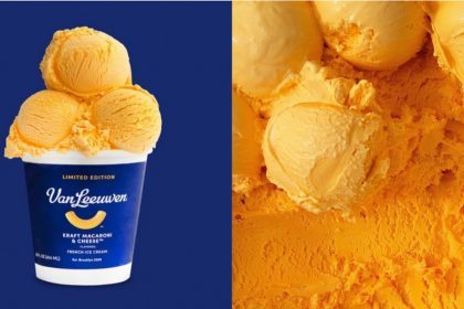 Collage of pint of macaroni ice cream and close-up of macaroni & cheese ice cream