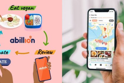 Collage of abillion app infographic and person holding up phone with screen showing abillion app interface