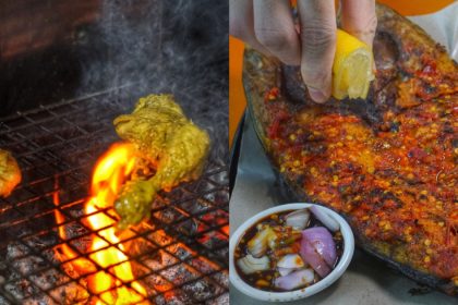 Collage of grilling chicken and squeezing lemon on grilled fish