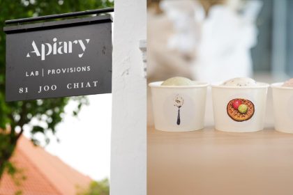 Collage of Apiary Joo Chiat signboard and gelato cups