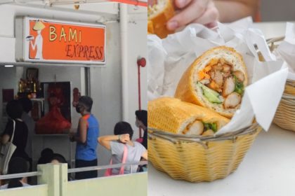 Collage of Bami Express shopfront and basket of banh mi