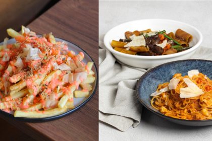 a collage of mentaiko fries and pasta