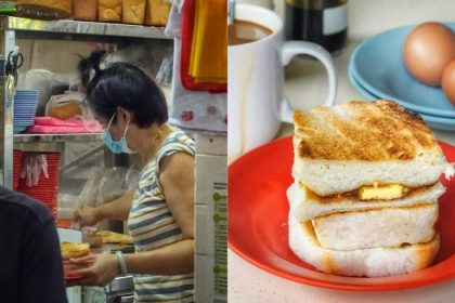 Collage of Charcoal Traditional Toast stall owners and Traditional Toast