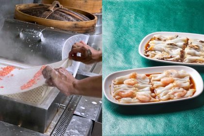 Collage of person making chee cheong fun and plates of chee cheong fun