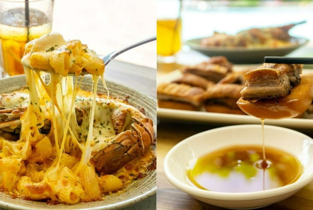 Collage of Lobster Mac and Cheese & Roasted Suckling Pig on Mantou