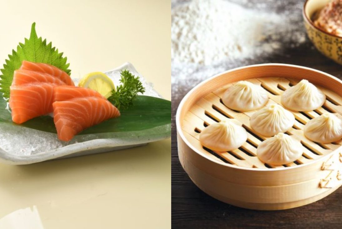 Collage of salmon sashimi and basket of dim sum