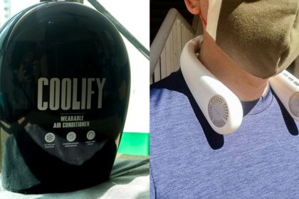 Collage of Coolify packaging and man wearing Coolify