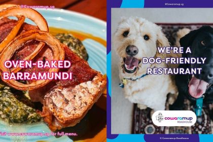image of cowaramup's oven baked barramundi and dog-friendly status