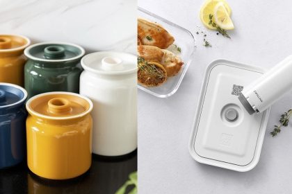 A collage of ceramic containers & a vacuum container
