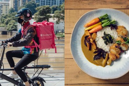 Collage of FoodpandaXEat Just rider and GOOD Meat Katsu Curry