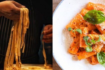 Collage of man making pasta and handBELLO's Pink Vodka