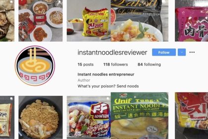 A collage of instant noodles & a screengrab of user's IG handle