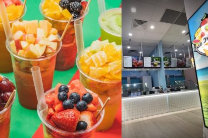 A collage of jus juice it beverage options and a picture of its store front