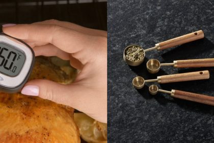 Collage of instant-read thermometer and measuring spoons