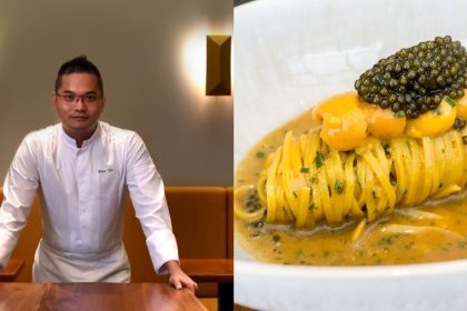 Collage of Chef Peter Teo and Japanese Sea Urchin Tagliolini