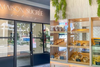 a collage of maison sucree bakery's interior and exterior