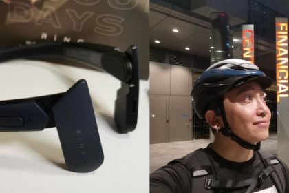 Collage of Mu6 headphones and person wearing it with bike helmet