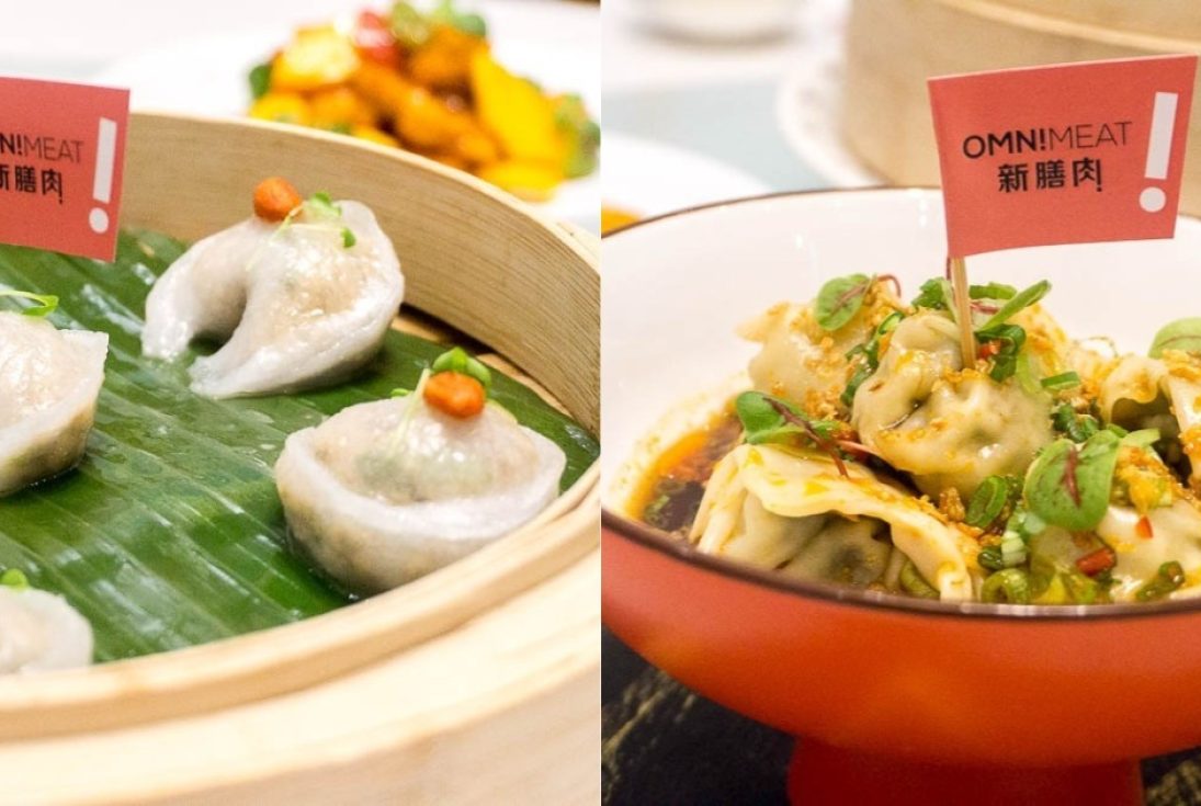 Collage of Steamed Crystal Dumpling with Preserved Olives and OmniMeat, and OmniMeat Dumpling with Homemade Hot Chilli Vinaigrette