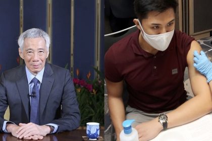 A collage of PM Lee's portrait and someone getting vaccinated