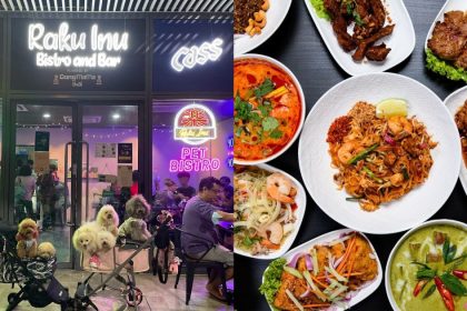 Collage of Raku Inu Bistro exterior and food flatlay