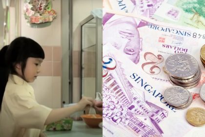 Collage of school girl paying for canteen food and Singapore coins and notes