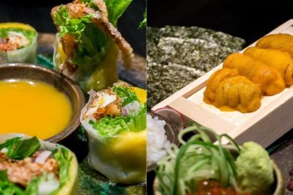 Collage of Soft Shell Crab and Mango Nama Haru Maki and DIY Hokkaido Uni