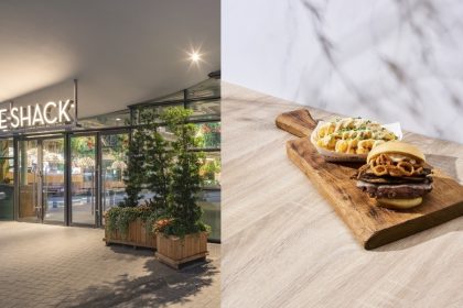 A collage of Shake Shack's storefront & roasted garlic burger and fries