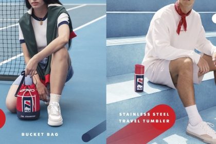 A collage of lifestyle images for Starbucks x FILA