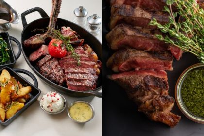 Collage of steak from Culina and steak from SKAI