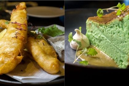 Collage of Fish and Chips and Burnt Cheesecake