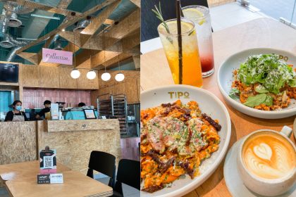 a collage of Tipo Strada's food and interior