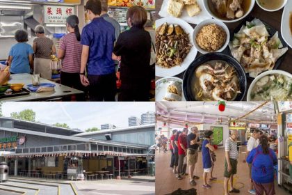 Collage of hawker food and queues at hawker centres