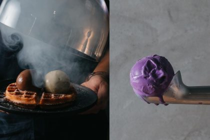 a collage of up in smoke's waffles and ice cream